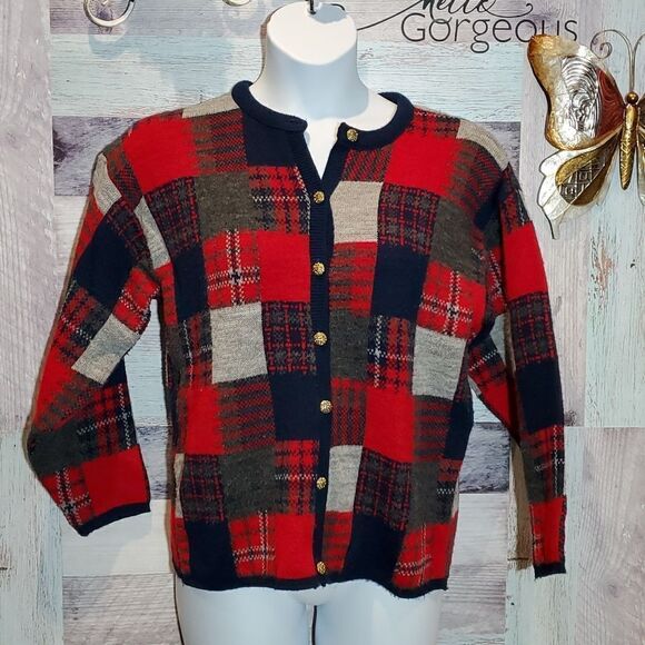 Southern Lady Sz M Vintage Red Navy Block Plaid Print Cardigan Cottagecore - Picture 1 of 8